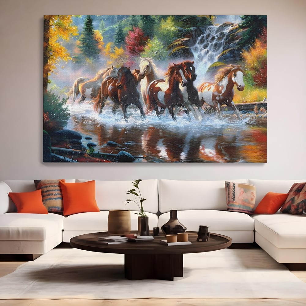Tablou canvas cu tablou canvas cu cai galopand prin apa, fara rama, pe sasiu de lemn, pe perete intr-un living